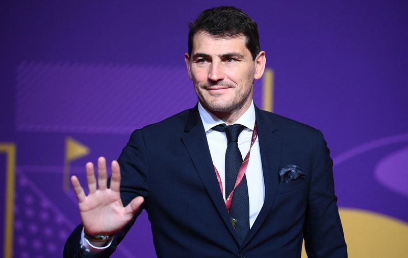 Former Spanish footballer and world cup winner Iker Casillas arrives for the draw for the 2022 World Cup in Qatar at the Doha Exhibition and Convention Center on April 1, 2022. (Photo by FRANCK FIFE / AFP)