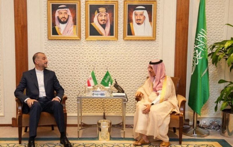 RIYADH, SAUDI ARABIA - AUGUST 17: (----EDITORIAL USE ONLY - MANDATORY CREDIT - 'IRANIAN MINISTRY OF FOREIGN AFFAIRS / HANDOUT' - NO MARKETING NO ADVERTISING CAMPAIGNS - DISTRIBUTED AS A SERVICE TO CLIENTS----) Iranian Foreign Minister Hossein Amir-Abdollahian (L) meets with Foreign Minister of Saudi Arabia Faisal bin Farhan Al Saud (R) in Riyadh, Saudi Arabia on August 17, 2023. Iranian Ministry of Foreign Affairs / Handout / Anadolu Agency (Photo by Iranian Ministry of Foreign Affa / ANADOLU AGENCY / Anadolu Agency via AFP)