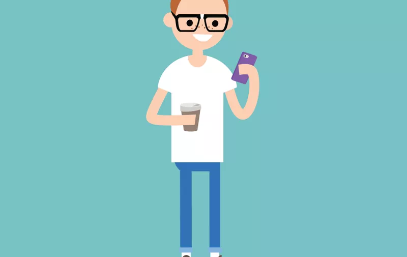 Young nerd texting on his smartphone and holding a cup of take away coffee / flat editable vector illustration
