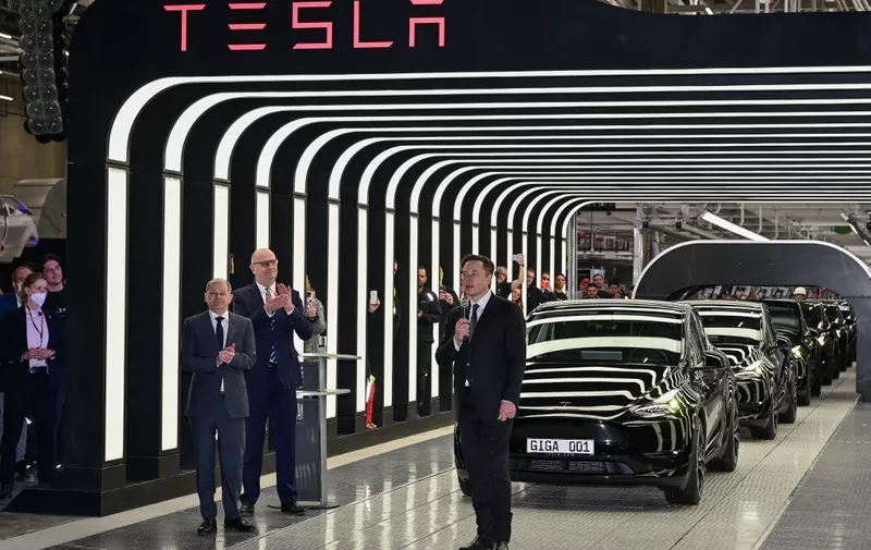 22 March 2022, Brandenburg, Grünheide: Elon Musk speaks at the opening of the Tesla factory. Photo: Patrick Pleul/dpa-Zentralbild POOL/dpa (Photo by PATRICK PLEUL / dpa-Zentralbild POOL / dpa Picture-Alliance via AFP)