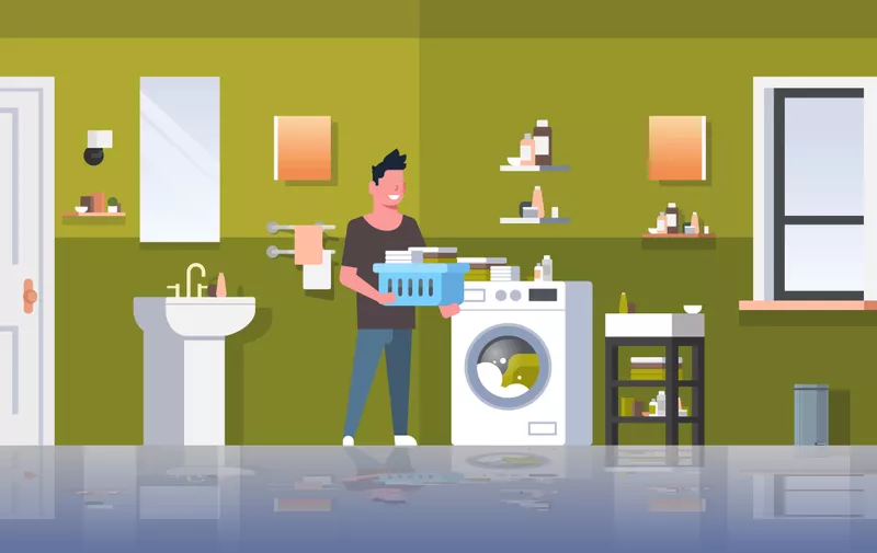 man with clothes basket standing near washing machine guy doing housework laundry room modern bathroom interior male cartoon character full length flat horizontal vector illustration
