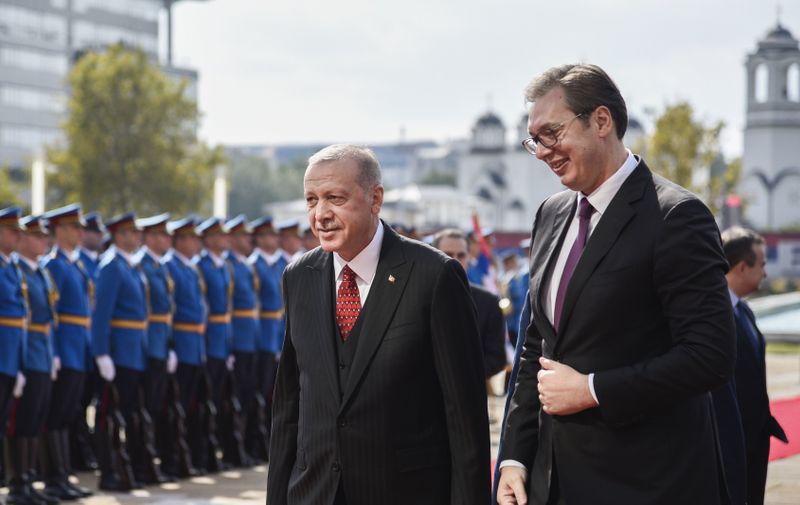 President Recep Tayyip Erdogan (L) and President Aleksandar Vucic (R) review the honour guard during a welcome ceremony, in Belgrade. Erdogan is on a two-day official visit to Serbia.
President of Turkey Recep Tayyip Erdogan visit to Serbia - 07 Oct 2019,Image: 475627784, License: Rights-managed, Restrictions: , Model Release: no, Credit line: Profimedia