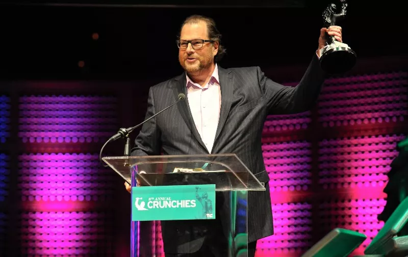 SAN FRANCISCO, CA - FEBRUARY 05: Marc Benioff of Salesforce.com, winner of CEO of the Year, collects his award at the TechCrunch 8th Annual Crunchies Awards at the Davies Symphony Hall on February 5, 2015 in San Francisco, California.   Steve Jennings/Getty Images for TechCrunch/AFP