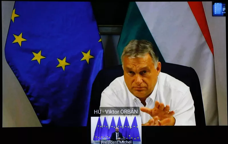 Belgium, Brussels - October 2, 2020.Video confrence with Viktor Orban, Hungarian Prime Minister.,Image: 562580653, License: Rights-managed, Restrictions: * France, Germany and Italy Rights Out *, Model Release: no