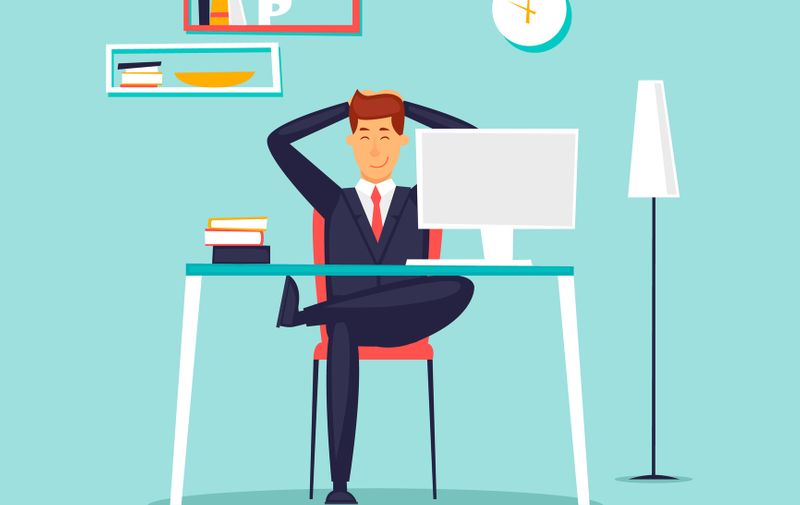 Happy businessman working in the office at the computer, workplace, interior. Flat design vector illustration.