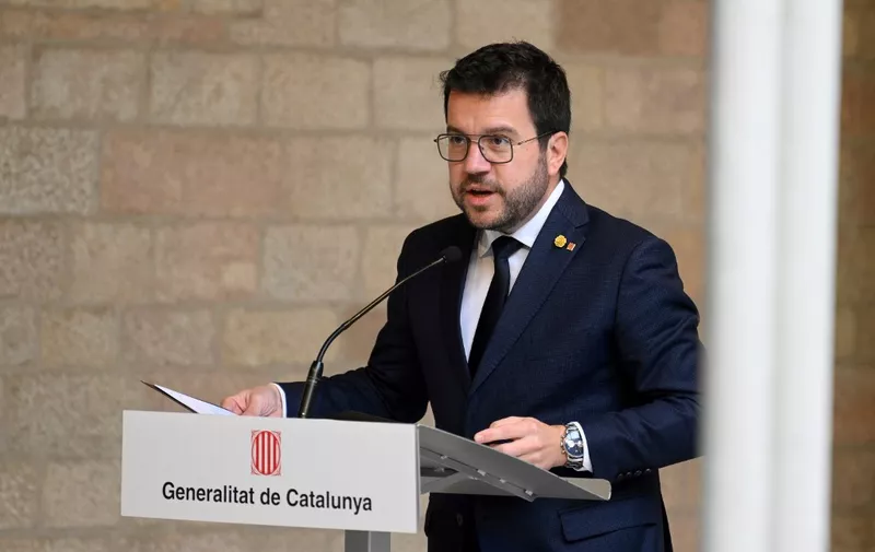 Catalan regional president Pere Aragones addresses a press conference following his meeting with the Spanish Prime Minister at the Generalitat Palace in Barcelona, on December 21, 2023. (Photo by Josep LAGO / AFP)
