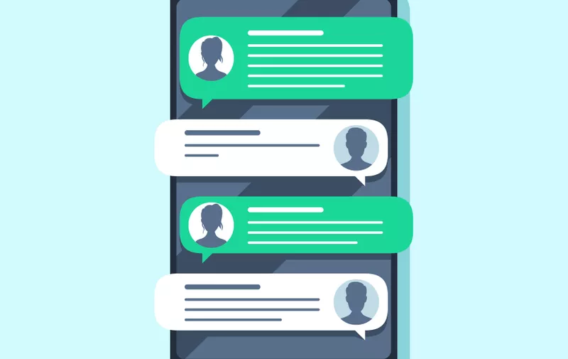 Mobile sms notifications. Hand texting message on smartphone, people chatting. Conversion messaging text, talking chat or sms mailing bubble. Conversation flat vector illustration