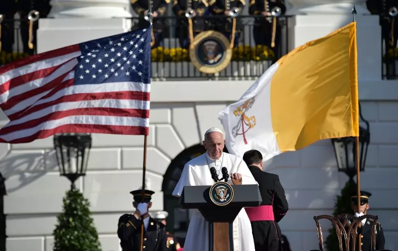 Pope Francis speaks during at the White House on September 23, 2015 in Washington,DC. President Barack Obama hosts Pope Francis at the White House for the first time Wednesday, warmly embracing the Catholic pontiff seen as both a moral authority and potent political ally.  AFP PHOTO / VINCENZO PINTO