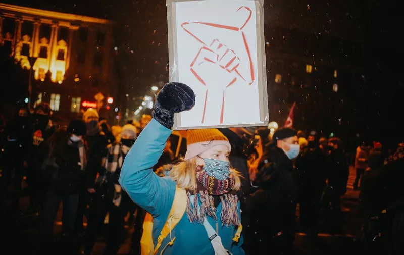 Women take part in a demonstration against the newly approved act on the prohibition of abortion in Wroclaw
Protest against the abortion ban introduced in Poland - 05 Feb 2021,Image: 590115168, License: Rights-managed, Restrictions: , Model Release: no
