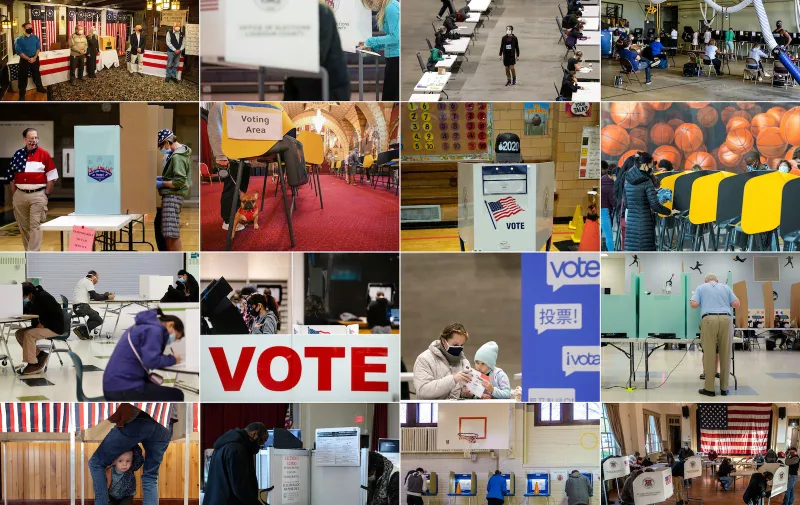(COMBO) This combination of pictures created on November 03, 2020 shows (from L-R, top to bottom): the five town's residents after voting during the historic midnight vote in Dixville Notch, New Hampshire; voters casting their ballots in Sterling, Virginia; people filling out their ballots in Seattle, Washington; voters casting their ballots in Miami, Florida; a poll volunteer monitoring a polling station in Las Vegas, Nevada; voters casting their ballots in Los Angeles; a voter casting her ballot in New York City; voters in Los Angeles; voters casting their ballots in Arlington, Virginia; a woman casting her ballot in El Paso, Texas; a mother getting help from her daughterin Seattle, Washington; a voter in Las Vegas; a two-year-old waiting for his mother to cast her ballot in Granby, Colorado; people filling out their ballots in Washington, DC; residents voting in Minneapolis, Minnesota; and voters casting their ballots in Hillsboro, Virginia on November 3, 2020.
 Americans were voting on Tuesday under the shadow of a surging coronavirus pandemic to decide whether to reelect Republican Donald Trump, one of the most polarizing presidents in US history, or send Democrat Joe Biden to the White House.,Image: 567214103, License: Rights-managed, Restrictions: , Model Release: no