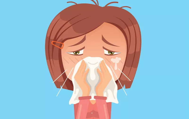 Allergy woman character sneeze. Vector flat cartoon illustration