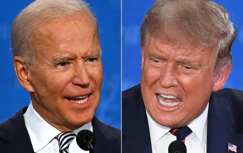(COMBO) This combination of pictures created on September 29, 2020 shows Democratic Presidential candidate and former US Vice President Joe Biden (L) and US President Donald Trump speaking during the first presidential debate at the Case Western Reserve University and Cleveland Clinic in Cleveland, Ohio on September 29, 2020. (Photos by JIM WATSON and SAUL LOEB / AFP)