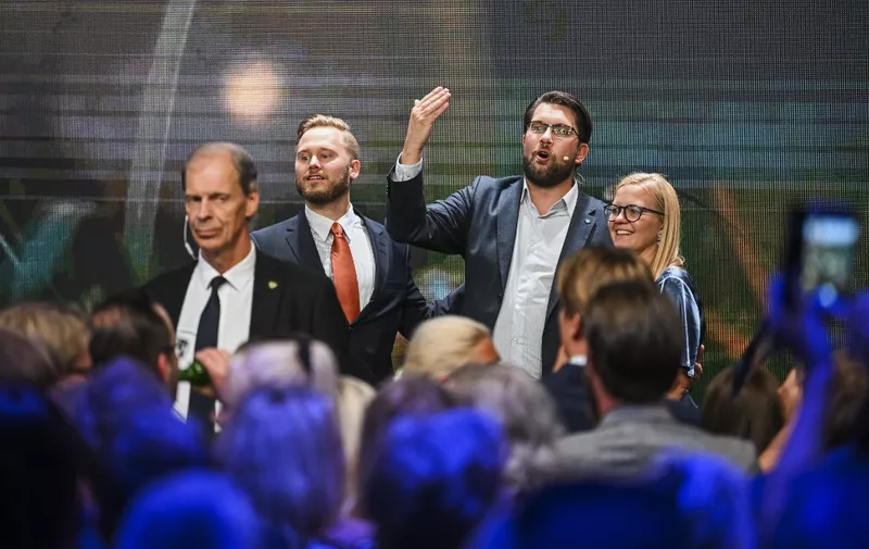 The leader of the Sweden Democrats Jimmie Akesson delivers a speach at the party's election watch in Nacka, near Stockholm late Sunday evening on September 11, 2022. (Photo by Jonathan NACKSTRAND / AFP)