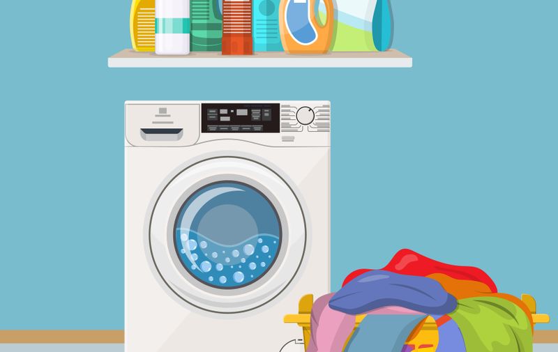 laundry room with washing machine and cleaning products on the shelf. Vector illustration in flat style