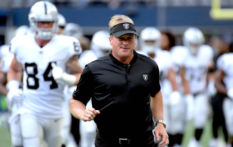 Aug 30, 2018; Seattle, WA, USA; Oakland Raiders head coach Jon Gruden runs off the field during a preseason game against the Seattle Seahawks at CenturyLink Field., Image: 384728846, License: Rights-managed, Restrictions: *** World Rights *** No Tabloids ***, Model Release: no, Credit line: Profimedia, SIPA USA