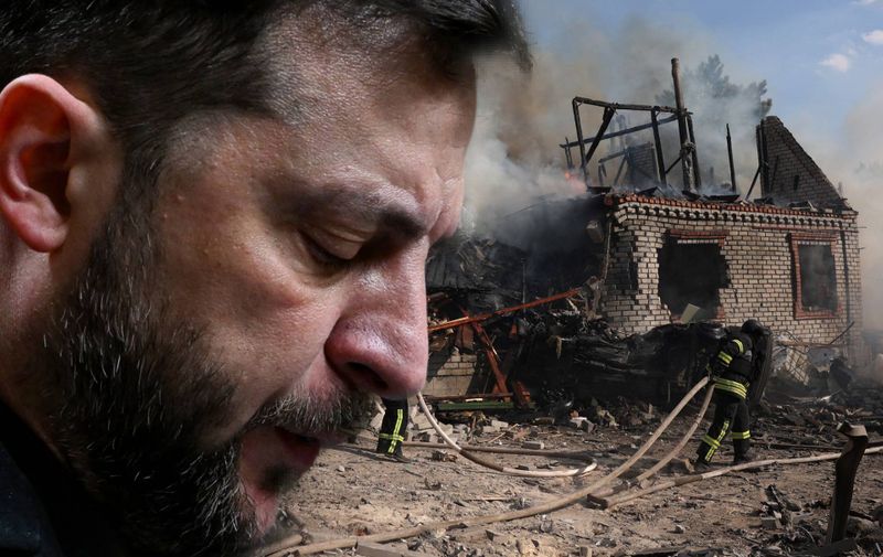 Rescuers put out a fire in a private house destroyed during a missile attack in Kostyatynivka town, Donetsk region, on July 21, 2024, amid the Russian invasion in Ukraine. (Photo by Anatolii STEPANOV / AFP)