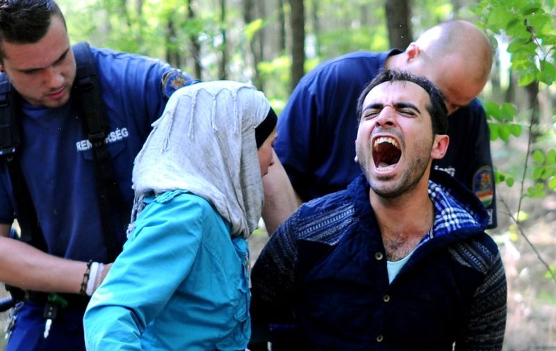 A father of a migrant family is arrested by the local police near the village of Roszke on the Hungarian-Serbian border on August 28, 2015 . As Europe struggles with its worst migrant crisis since World War II, and Hungarian police has  so far this year intercepted some 141,500 migrants crossing into Hungary, mostly from neighboring Serbia.   AFP PHOTO / ATTILA KISBENEDEK
