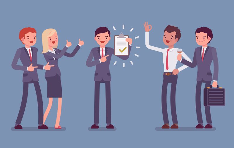 Excellent work award. Team of office workers congratulating employee, appreciating efficient impact to project, done a good job. Vector flat style cartoon illustration isolated on blue background