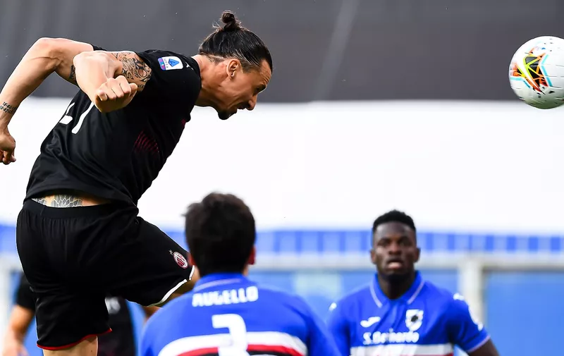 GENOA, ITALY - JULY 29: Zlatan Ibrahimovic of Milan scores a goal during the Serie A match between UC Sampdoria and AC Milan at Stadio Luigi Ferraris on July 29, 2020 in Genoa, Italy. (Photo by Paolo Rattini/Getty Images)