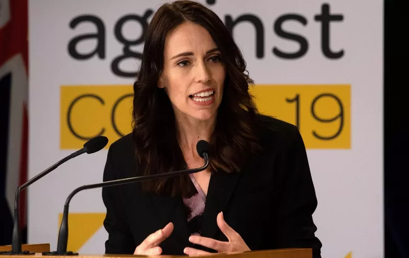 New Zealand's Prime Minister Jacinda Ardern speaks to the media during a press conference one day before the country goes on lockdown to stop any progress of the COVID-19 coronavirus, at Parliament in Wellington on March 24, 2020. (Photo by Marty MELVILLE / AFP)