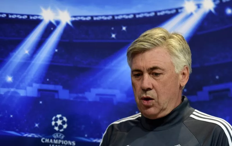 Real Madrid&#8217;s Italian coach Carlo Ancelotti speaks during a press conference at Valdebebas sports facilities in Madrid on April 21, 2015, on the eve of the UEFA Champions League quarter-final secong leg football match Real Madrid CF vs Atletico Madrid. AFP PHOTO /
