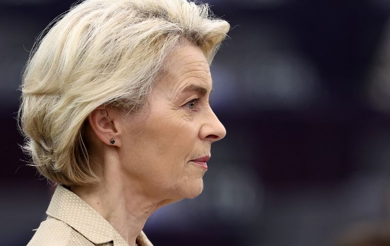 European Commission President Ursula von der Leyen speaks during a debate on European Security and Defence, as part of a plenary session at the European Parliament in Strasbourg, eastern France, on February 28, 2024. (Photo by FREDERICK FLORIN / AFP)