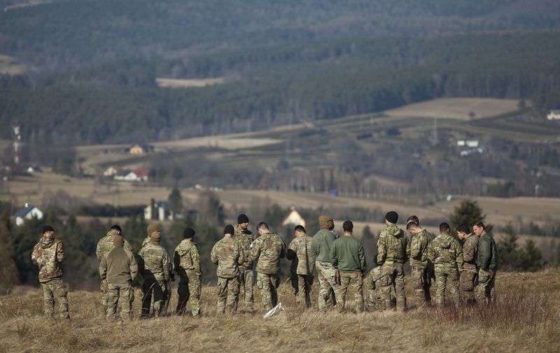 American soldiers sent to the Polish-Ukrainian border in connection with the crisis in Ukraine seen near arlamow on February 24, 2022.
American Soldiers On Ukrainian Border, Arlamow, Poland - 24 Feb 2022,Image: 664715873, License: Rights-managed, Restrictions: , Model Release: no, Credit line: Profimedia