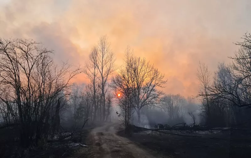 This picture taken on April 5, 2020, shows a forest fire burning at a 30-kilometer (19-mile) Chernobyl exclusion zone, not far from the nuclear power plant. - Ukrainian authorities on April 5 reported a spike in radiation levels in the restricted zone around Chernobyl, scene of the world's worst nuclear accident, caused by a forest fire. "There is bad news - radiation is above normal in the fire's center," Yegor Firsov, head of Ukraine's state ecological inspection service, said on Facebook. (Photo by Yaroslav EMELIANENKO / AFP)