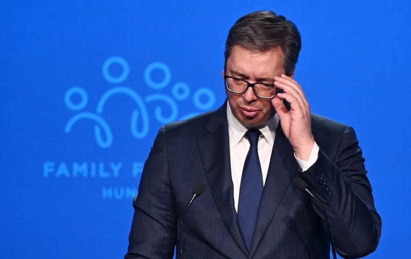 Serbian President Aleksandar Vucic gives a speech on the stage of the Varkert Bazar cultural centre in Budapest on September 23, 2021 during the fourth demographic summit. - The meeting is a platform for decision-makers, political players, religious and civic leaders, economic and media actors, as well as representatives of the academic world to think together, discuss the challenges ahead of us and draw up proposals for common solutions. (Photo by ATTILA KISBENEDEK / AFP)