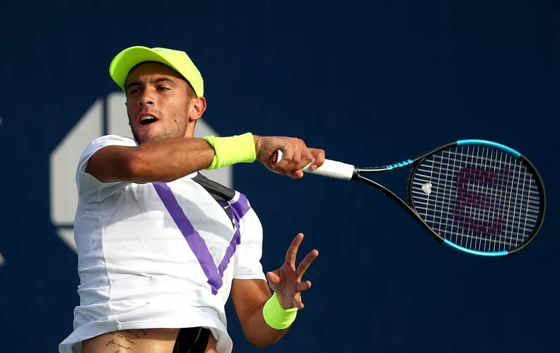 NEW YORK, NEW YORK - AUGUST 26: Borna Coric of Croatia returns a shot during his men's singles first round match against Evgeny Donskoy of Russia during day one of the 2019 US Open at the USTA Billie Jean King National Tennis Center on August 26, 2019 in the Flushing neighborhood of the Queens borough of New York City.  (Photo by Clive Brunskill/Getty Images)