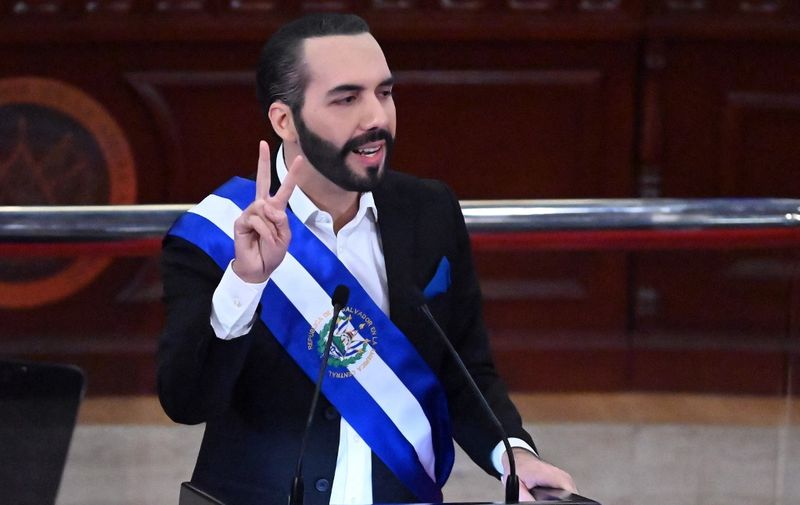 Salvadoran President Nayib Bukele delivers his annual address to the nation marking his second year in office at the Legislative Assembly in San Salvador on June 1, 2021. (Photo by MARVIN RECINOS / AFP)