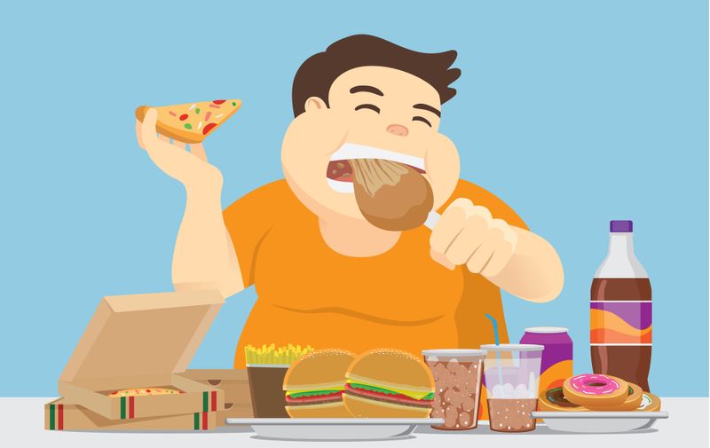 Fat man enjoy with a lot of fast food on the table. Illustration about overeating.