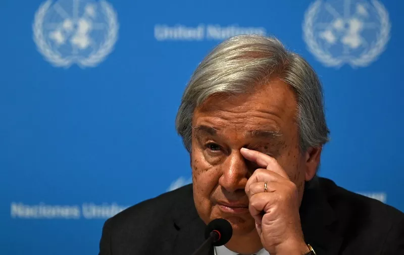 United Nations Secretary General Antonio Guterres gestures during a media briefing on the eve of the two-day G20 summit in New Delhi on September 8, 2023. (Photo by Arun SANKAR / AFP)