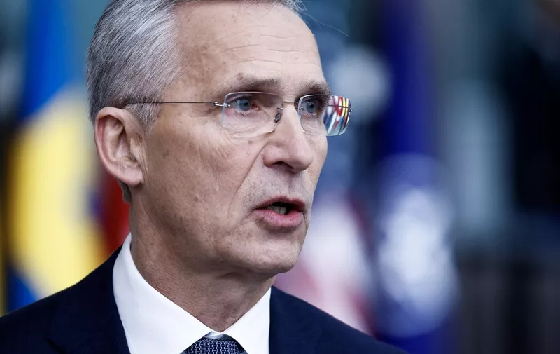 Secretary General of NATO Jens Stoltenberg addresses media during a statement ahead of a NATO foreign ministers meeting at NATO headquarters in Brussels, on April 3, 2024. The NATO military alliance on April 4, 2024, marks the 75th anniversary of the signing of its founding treaty in Washington. (Photo by Kenzo TRIBOUILLARD / AFP)