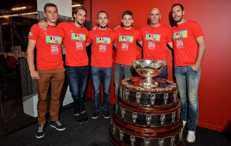 Belgium's Kimmer Coppejans, Ruben Bemelmans, Steve Darcis, David Goffin, Belgian captain Johan Van Herck and Davis Cup captain Johan Van Herck take part in a press conference ahead of the Davis Cup World Group final between Belgium and Britain, in Brussels on November 17, 2015. The final will be played from November 27 to 29, 2015 in Gent Flanders Expo.  AFP PHOTO / BELGA / DAVID STOCKMAN / AFP / BELGA / DAVID STOCKMAN