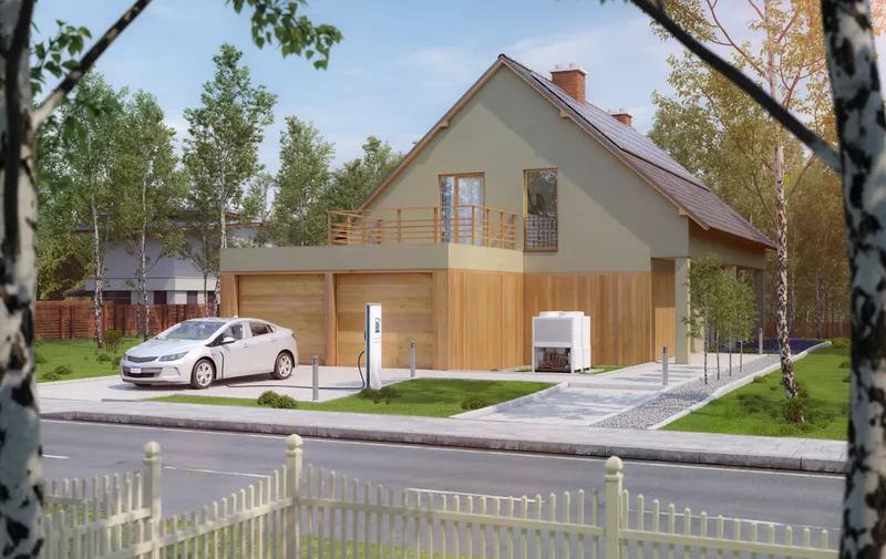 home electric car charging with solar power and wind power turbine in the background