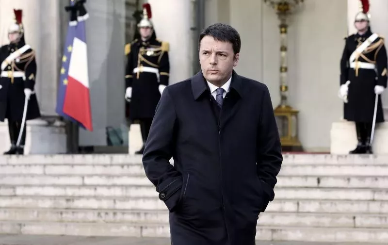 French National Unity Rally - President Hollande Welcomes Heads Of State - ParisItalian Prime Minister Matteo Renzi leaves the Elysee Presidential Palace on January 11, 2015 in Paris prior to take part to the demonstration in tribute to the 17 victims of a three-day killing spree by homegrown Islamists. The killings began on January 7 with an assault on the Charlie Hebdo satirical magazine in Paris that saw two brothers massacre 12 people including some of the country's best-known cartoonists, the killing of a policewoman and the storming of a Jewish supermarket on the eastern fringes of the capital which killed 4 local residents. Photo by Stephane Lemouton/ABACAPRESS.COMLemouton Stephane/PIXSELL