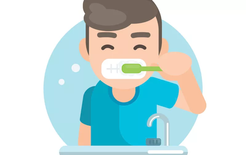 Happy cute boy brushing teeth in bathroom, Vector character illustration.