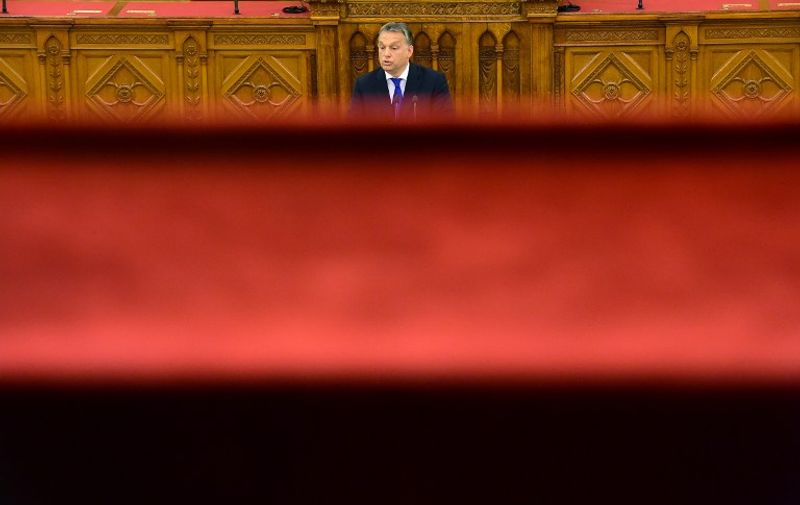 Hungarian Prime Mnister Viktor Orban holds a speech at the Parliament in Budapest,  Hungary, on April 25, 2016. 
Hungary celebrates the 5th anniversary of the new Hungarian constitution. Over the past years, the Hungarian fundamental law has been criticized by several politicians and members of European Union. / AFP PHOTO / ATTILA KISBENEDEK
