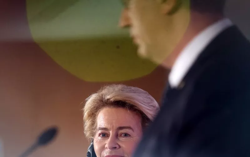European Commission President Ursula von der Leyen attends a joint press conference with Croatian Prime Minister Andrej Plenkovic at the National and University Library in Zagreb, Croatia, on January 10, 2020. (Photo by Denis LOVROVIC / AFP)
