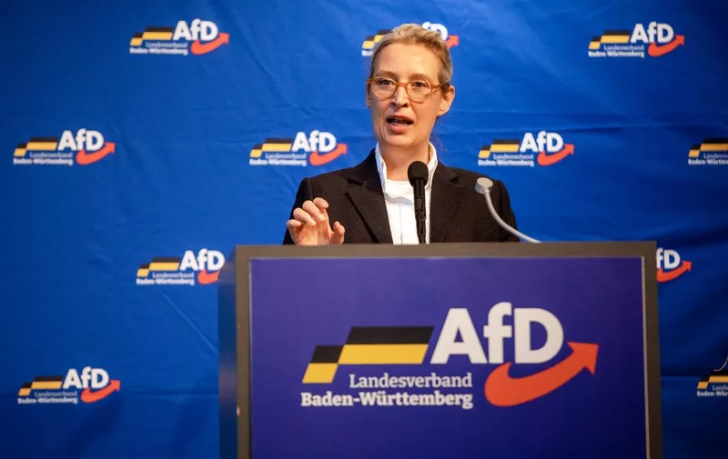 24 February 2024, Baden-Württemberg, Rottweil: Alice Weidel, national spokesperson for the AfD, speaks to party members during the AfD state party conference in the Stadthalle. The special party conference of the south-west AfD could not start on time as planned due to overcrowding in the Stadthalle. Photo: Christoph Schmidt/dpa (Photo by Christoph Schmidt / DPA / dpa Picture-Alliance via AFP)