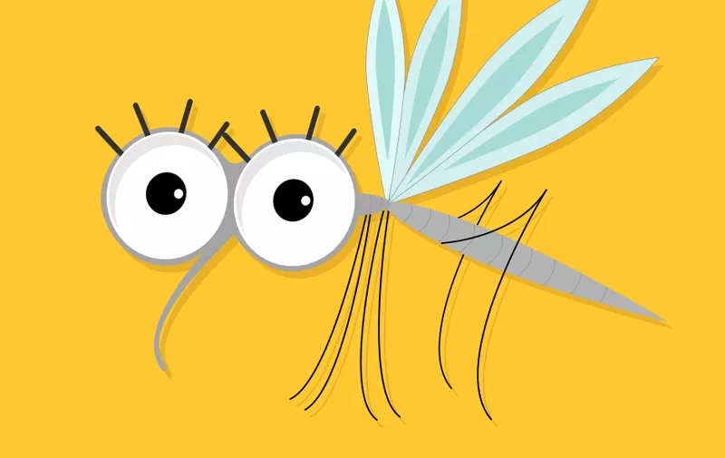 Mosquito. Cute cartoon funny character. Insect collection. Baby illustration. Yellow background. Flat design Vector