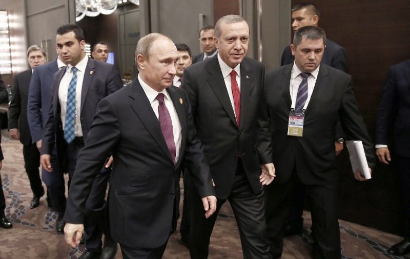 Russian President Vladimir Putin (L) meets with Turkish President Recep Tayyip Erdogan on the sidelines of the G20 summit in Antalya early on November 16 2015. Leaders of the world's top economies vowed to seek a deal to stave off catastrophic global warming at an upcoming UN conference in Paris, according to a draft statement drawn up at a summit in Turkey. AFP PHOTO/POOL /HAKAN GOKTEPE / AFP / POOL / Hakan Goktepe