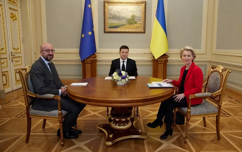 KIEV, UKRAINE - OCTOBER 12: (----EDITORIAL USE ONLY – MANDATORY CREDIT - "UKRAINIAN PRESIDENCY / HANDOUT" - NO MARKETING NO ADVERTISING CAMPAIGNS - DISTRIBUTED AS A SERVICE TO CLIENTS----) Volodymyr Zelenskyy (C), President of Ukraine, Charles Michel (L), President of the European Council and Ursula von der Leyen (R), President of the European Commission, attend the 23rd Ukraine-EU Summit in Kiev, Ukraine on October 12, 2021. Ukrainian Presidency/Handout / Anadolu Agency (Photo by Ukrainian Presidency/Handout / ANADOLU AGENCY / Anadolu Agency via AFP)