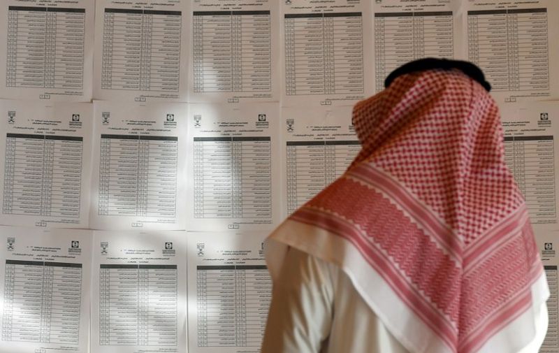 A Saudi man checks voting lists at a polling station in the capital Riyadh, on December 12, 2015 during municipal elections. Saudi women were allowed to vote in elections for the first time ever, in a tentative step towards easing widespread sex discrimination in the ultra-conservative Islamic kingdom. AFP PHOTO / FAYEZ NURELDINE / AFP / FAYEZ NURELDINE