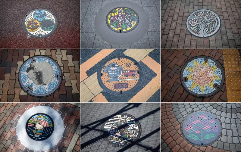 (COMBO) This combo of photos taken in November 2017 and created on January 12, 2018 shows designed manhole covers in different cities of Japan. Japan's sewerage industry has found a way to clean up its dirty and smelly image: elaborately designed and colourful manhole covers with 12,000 local varieties nationwide -- including, of course, a Hello Kitty design. (Photo by Behrouz MEHRI / AFP) / TO GO WITH AFP STORY "JAPAN-CULTURE-SOCIETY-ART,FEATURE" BY MIWA SUZUKI