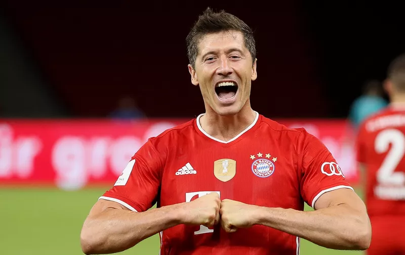 BERLIN, GERMANY - JULY 04: Robert Lewandowski of FC Bayern Muenchen celebrates after scoring his team's fourth goal during the DFB Cup final match between Bayer 04 Leverkusen and FC Bayern Muenchen at Olympiastadion on July 04, 2020 in Berlin, Germany. (Photo by Alexander Hassenstein/Getty Images)