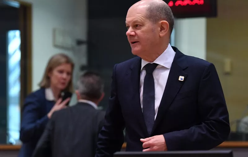 German chancellor Olaf Scholz arrives for a meeting as part of a European Union (EU) summit at EU Headquarters in Brussels on March 25, 2022. (Photo by JOHN THYS / AFP)