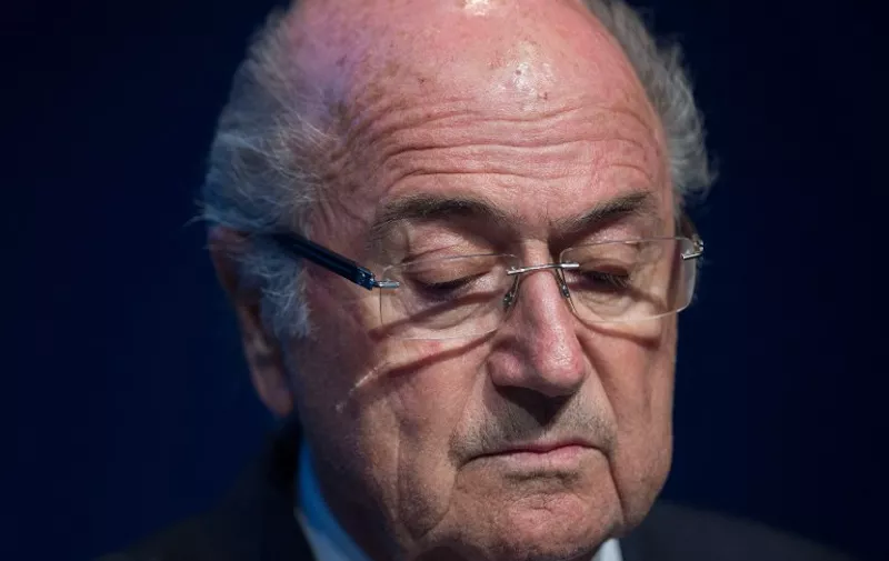 (FILES) This file photo taken on June 2, 2015 shows a press conference at the headquarters of the world's football governing body in Zurich.
Joseph Blatter, president of the Fifa since 1998 and Michel Platini, president of the UEFA since 2007, were banned by FIFA for eight years on December 21, 2015. / AFP / VALERIANO DI DOMENICO