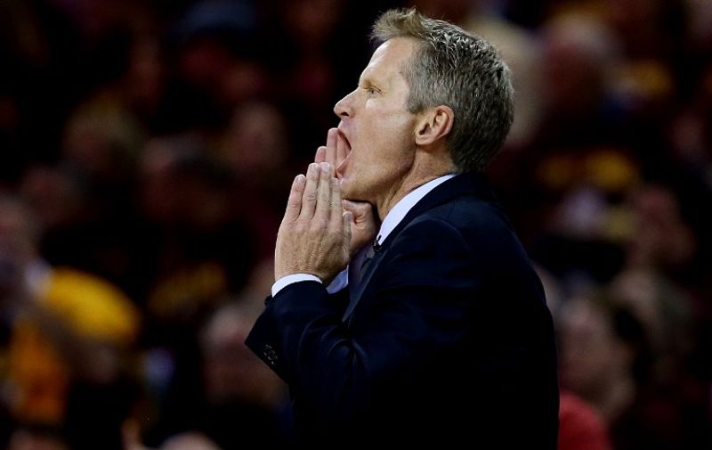 CLEVELAND, OH - JUNE 16: Head coach Steve Kerr of the Golden State Warriors reacts in the first quarter against the Cleveland Cavaliers during Game Six of the 2015 NBA Finals at Quicken Loans Arena on June 16, 2015 in Cleveland, Ohio. NOTE TO USER: User expressly acknowledges and agrees that, by downloading and or using this photograph, user is consenting to the terms and conditions of Getty Images License Agreement.   Ezra Shaw/Getty Images/AFP